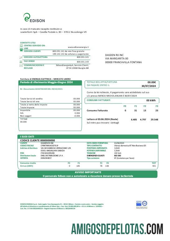 Em branco modelo de conta de serviços públicos Edison da Itália em formatos Word e PDF, bom para comprovação de endereço
